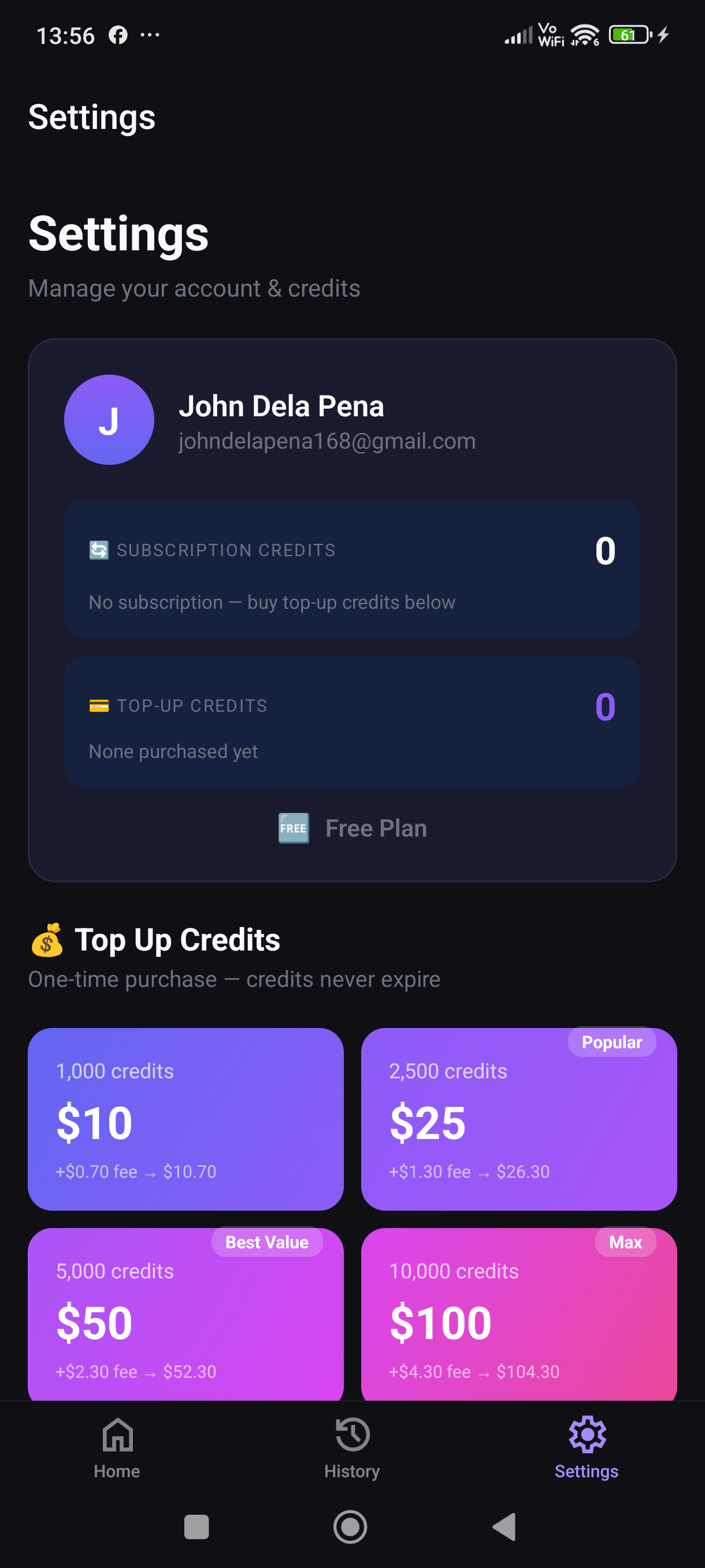 Account settings with credit top-up packs